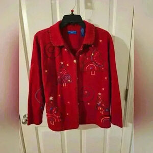 Karen Scott Red Christmas Embellished Cardigan Blanket Stitch Petite Size L